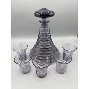 Vtg Purple Glass Beehive Decanter Set 5 Ribbed Shot Glasses Barware Unique Art